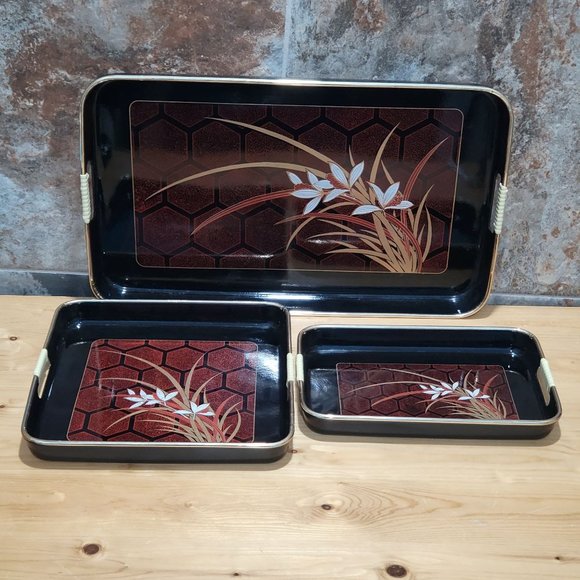 VTG Lacquer Beverage Serving Tray Barware Rectangular Square Black Enamel Floral - Picture 12 of 13